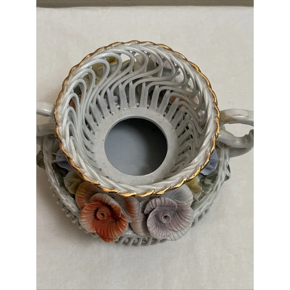 Vintage Porfin Cluj Napoca Reticulated Porcelain Basket Vase Romania Iris Flower